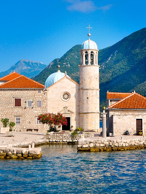 Our Lady of The Rocks church on an islet in the Bay of Kotor, Montenegro.