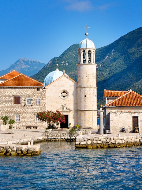 Our Lady of The Rocks church on an islet in the Bay of Kotor, Montenegro.