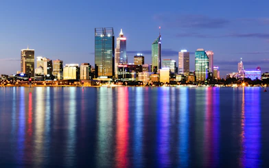 Skyline of Perth at night viewed from Swan River Dinner Cruise.