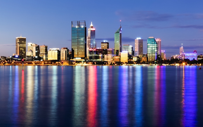 Skyline of Perth at night viewed from Swan River Dinner Cruise.