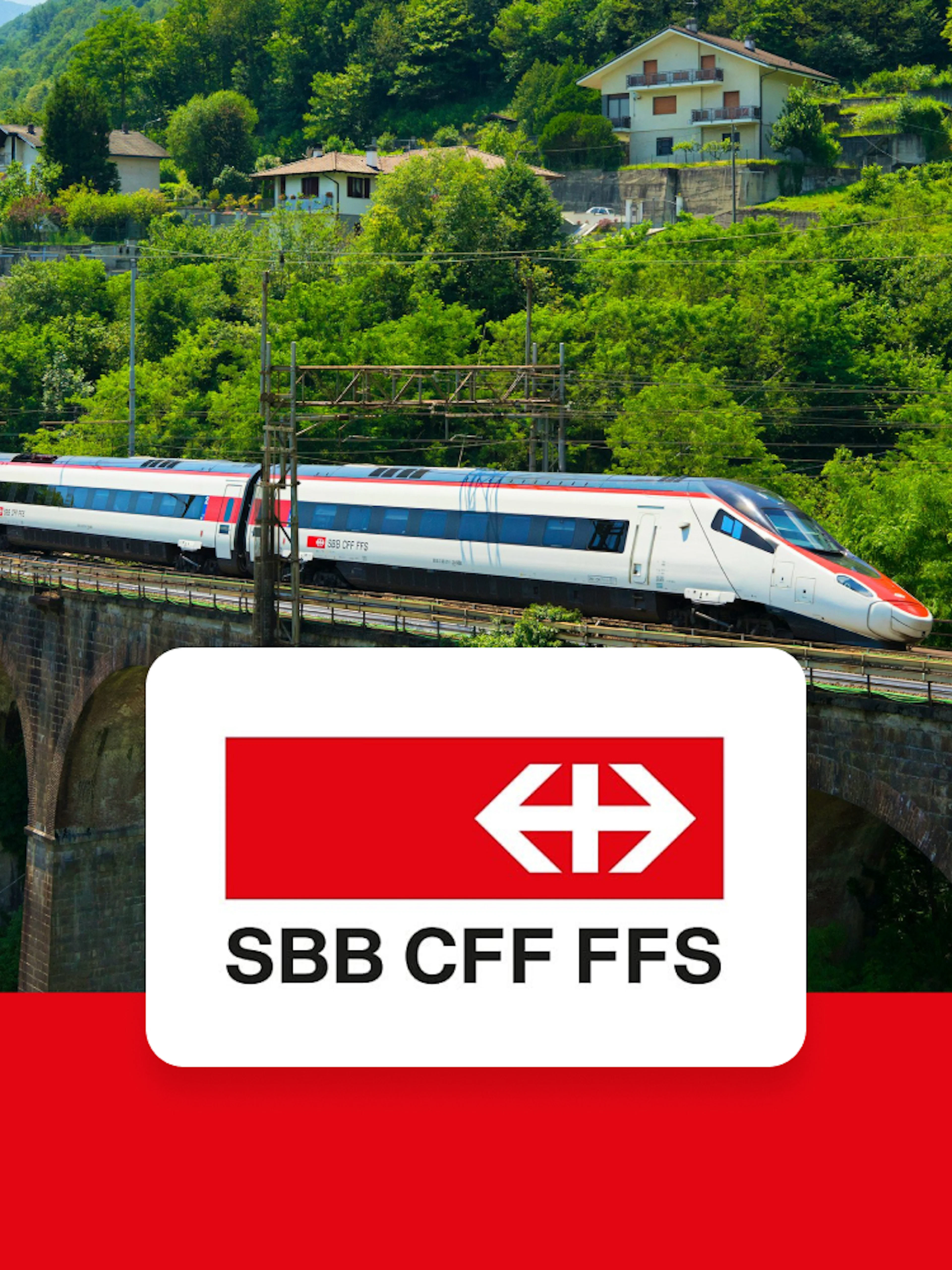 High-speed train crossing a bridge near Geneva, Switzerland, with SBB CFF FFS logo.