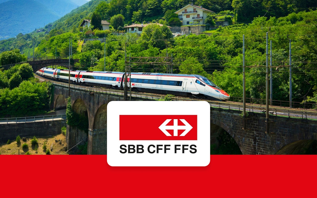 High-speed train crossing a bridge near Geneva, Switzerland, with SBB CFF FFS logo.