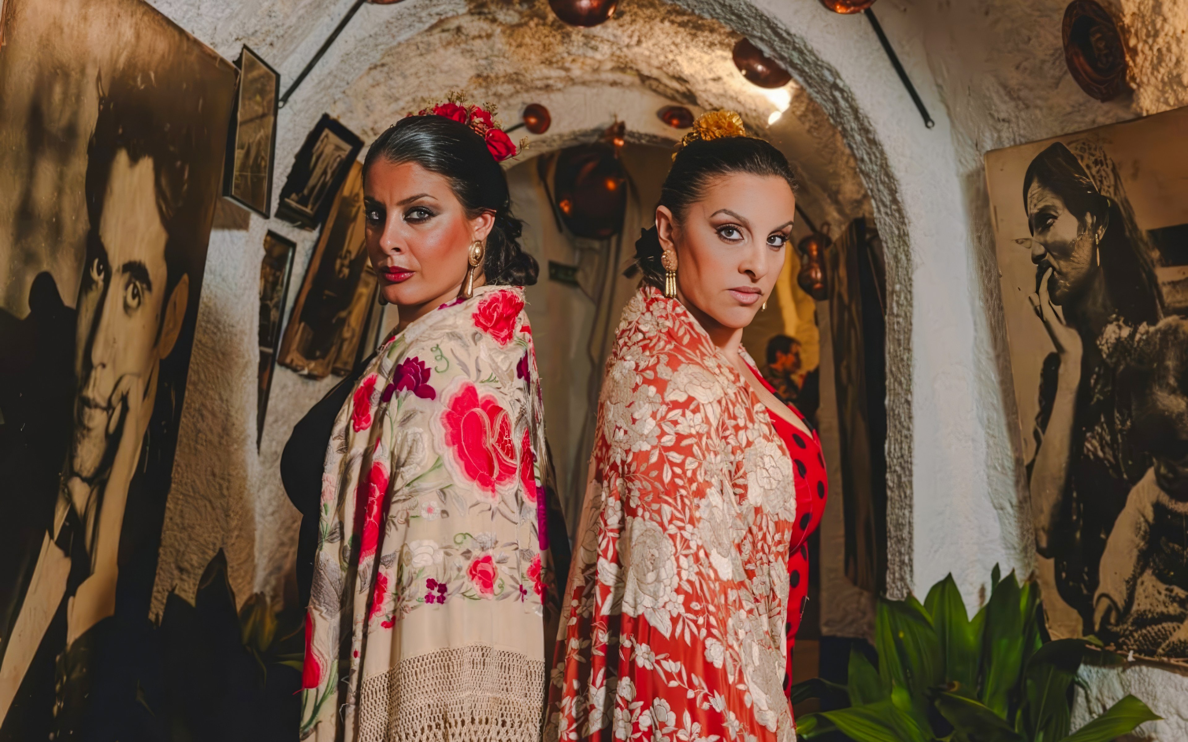 Flamenco dancers in traditional attire at Venta el Gallo, Flamenco Show.