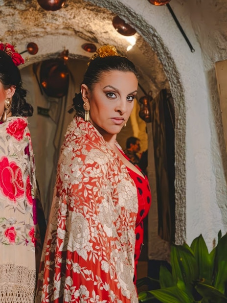 Flamenco dancers in traditional attire at Venta el Gallo, Flamenco Show.