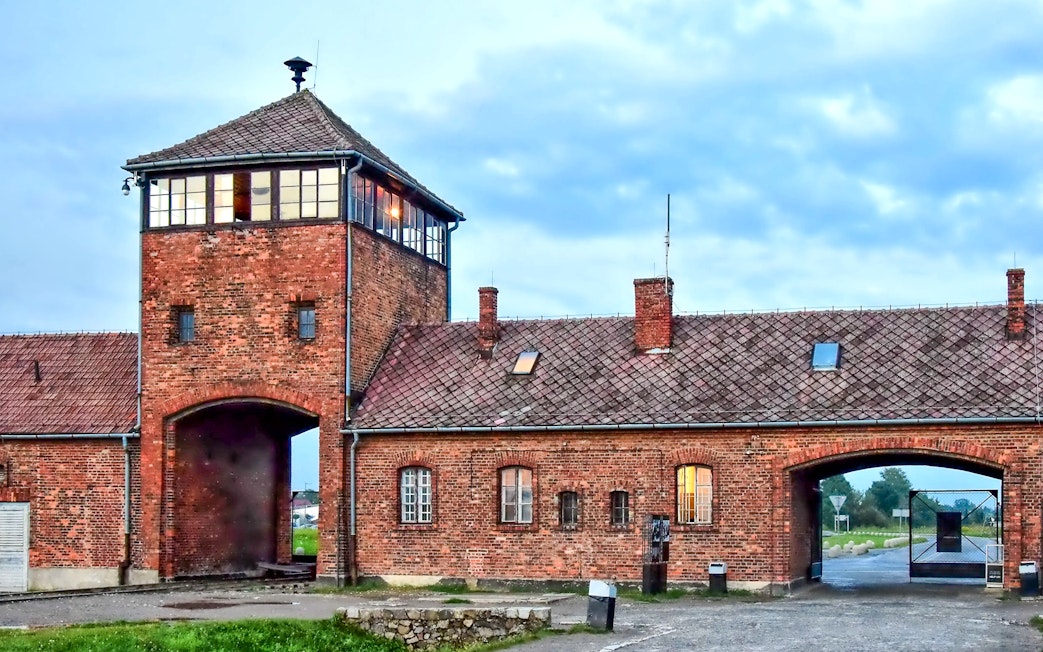 Main entrance gate at Auschwitz-Birkenau Memorial and Museum, Oświęcim, Poland.