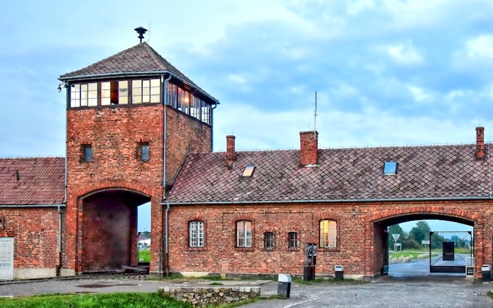 Main entrance gate at Auschwitz-Birkenau Memorial and Museum, Oświęcim, Poland.