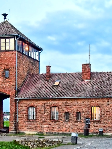 Main entrance gate at Auschwitz-Birkenau Memorial and Museum, Oświęcim, Poland.