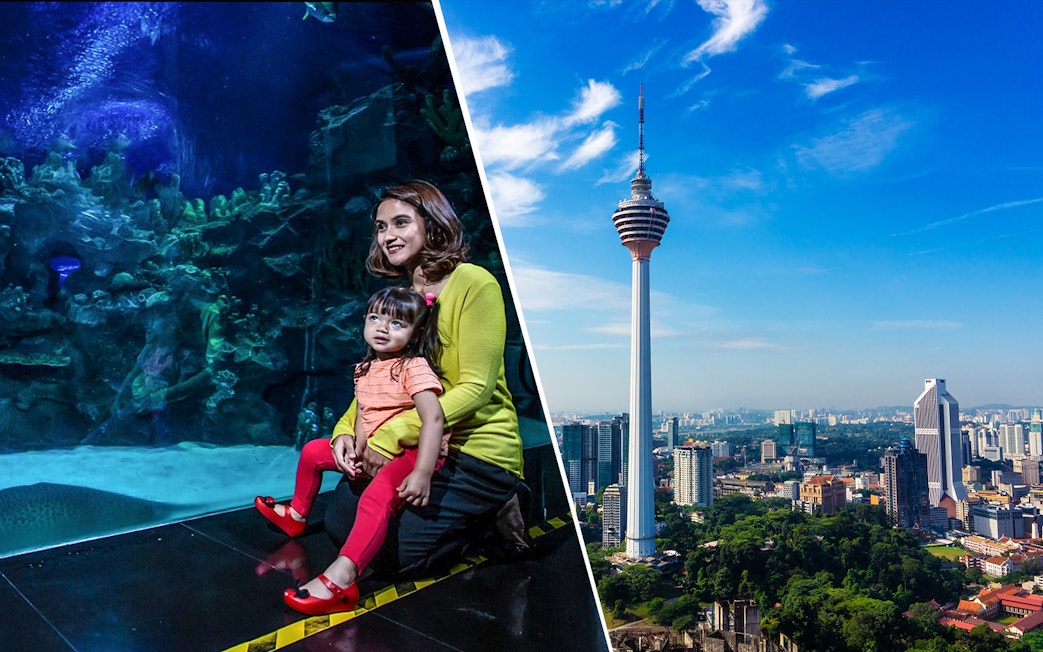 KL Tower and city skyline with family at Aquaria KLCC.