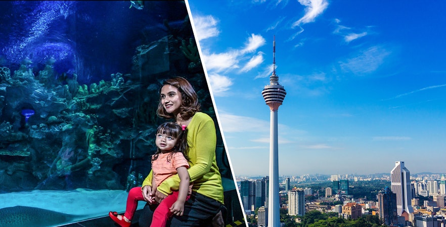 KL Tower and city skyline with family at Aquaria KLCC.