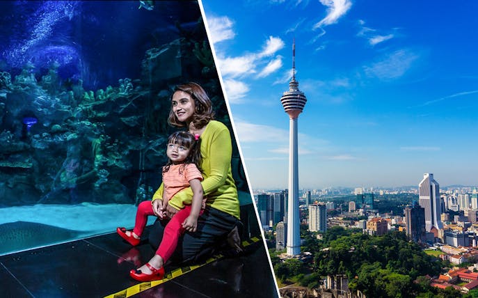 KL Tower and city skyline with family at Aquaria KLCC.