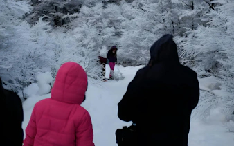 People walking through snowy forest during full day snow experience in Ushuaia.