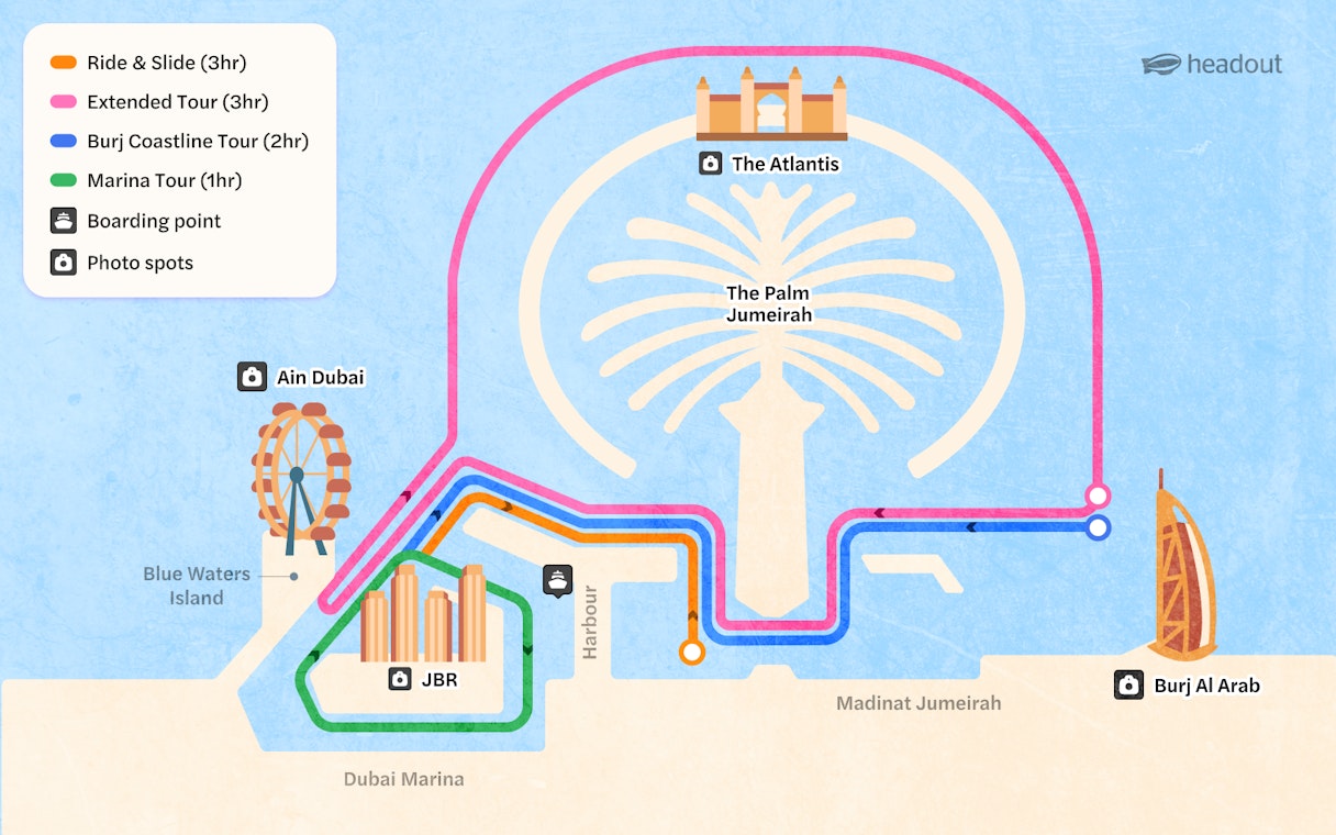 Dubai Marina yacht tour map with routes to Ain Dubai, The Palm Jumeirah, and Burj Al Arab.