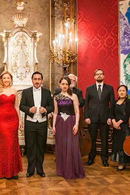 Vienna Baroque Orchestra musicians in formal attire with instruments in an ornate concert hall.