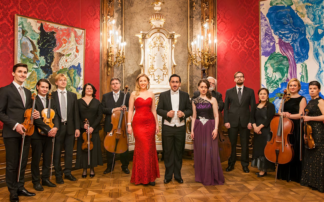 Vienna Baroque Orchestra musicians in formal attire with instruments in an ornate concert hall.