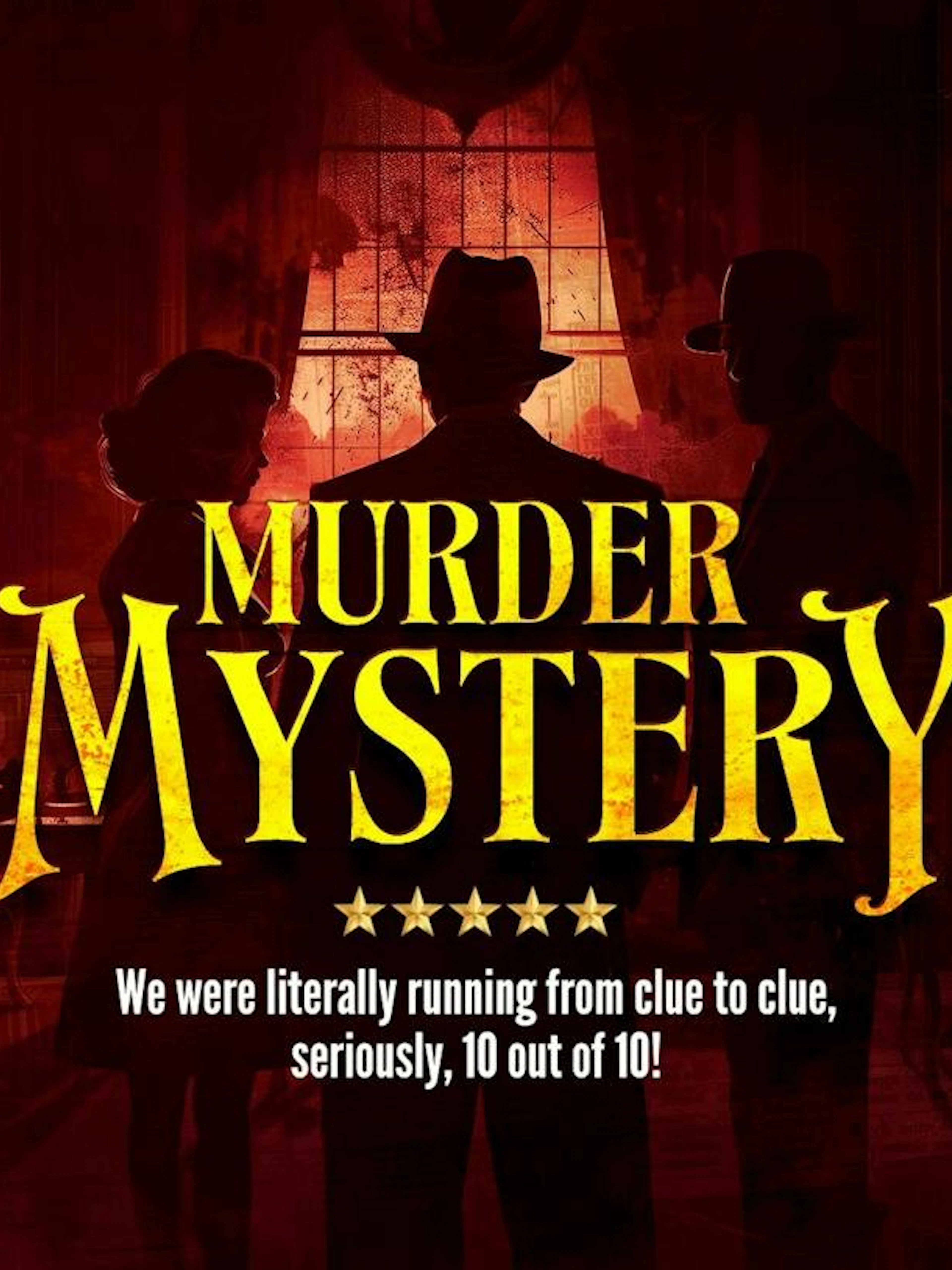 Birmingham Murder Mystery game poster with silhouettes of three people in a dimly lit room.