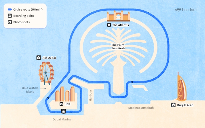 Dubai Marina speedboat tour map showing route to Ain Dubai, The Palm, Atlantis, and Burj Al Arab.