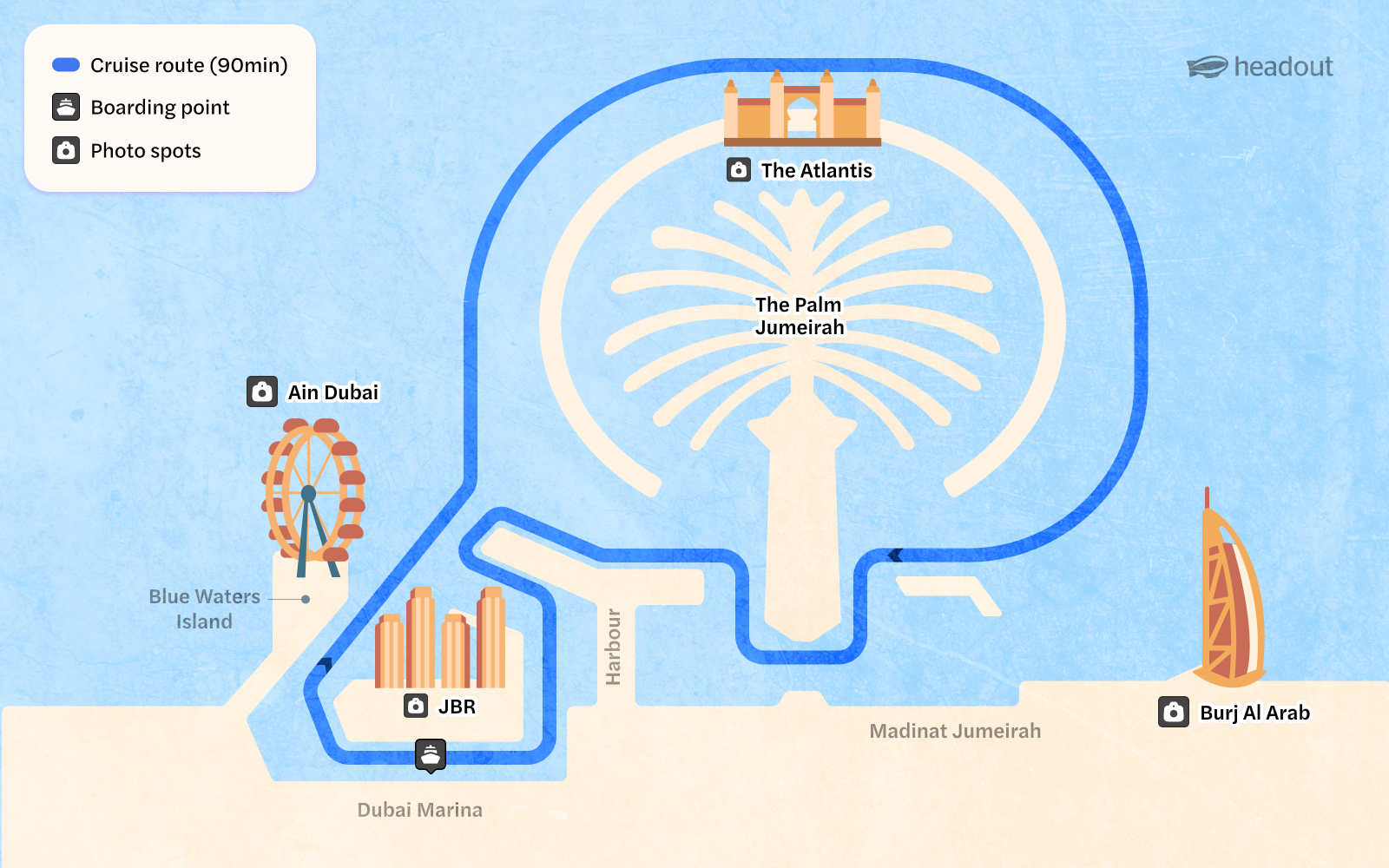 Dubai Marina speedboat tour with views of Burj Al Arab and Atlantis.