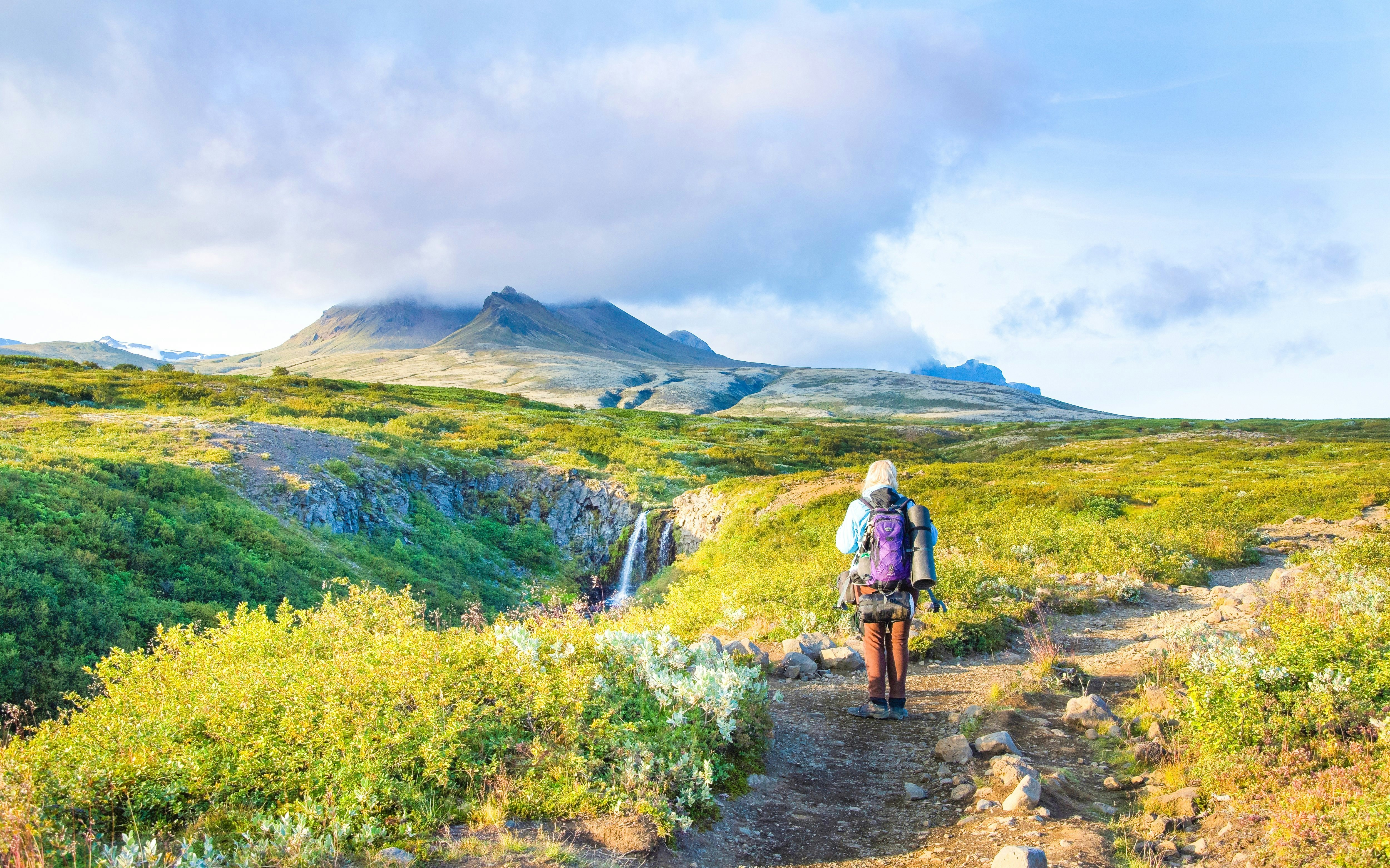 Hiker on Skaftafell trail with waterfall and mountains in Iceland.