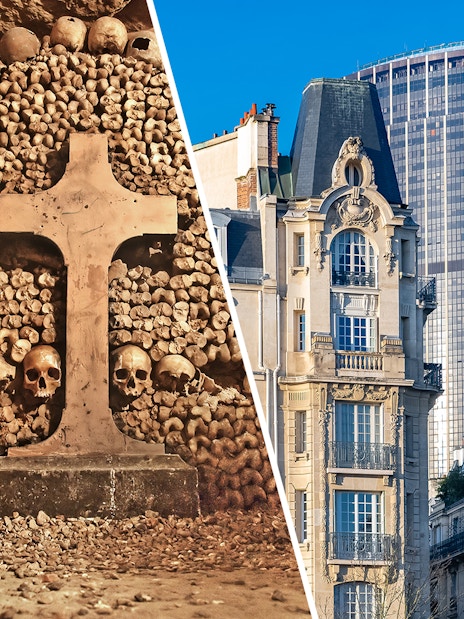 Paris Catacombs skulls and Montparnasse Tower with historic buildings.