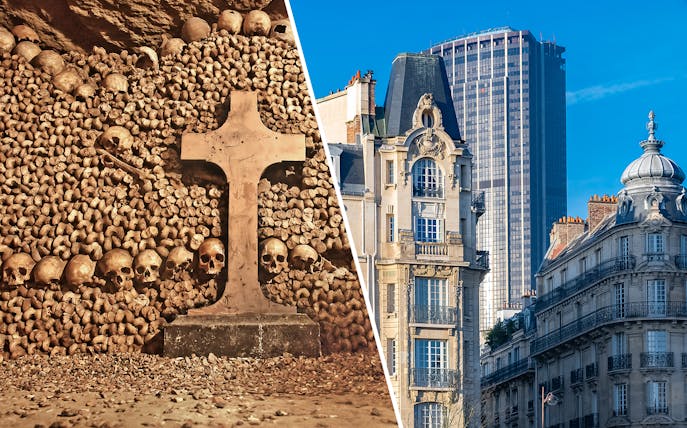 Paris Catacombs skulls and Montparnasse Tower with historic buildings.