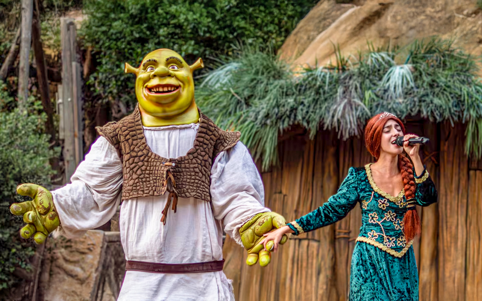 Shrek character greeting visitors at Port Aventura theme park in Spain.