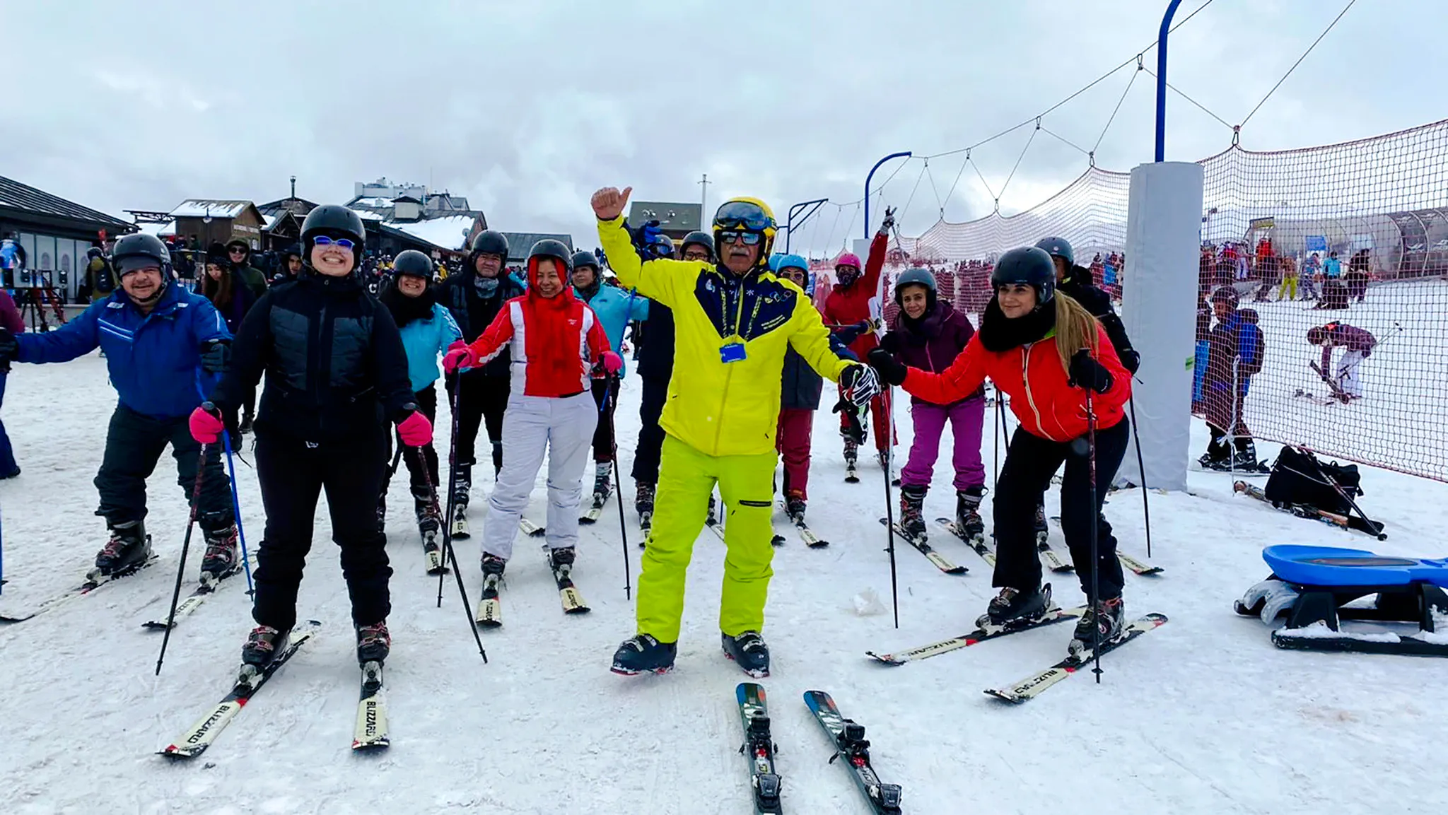 Group of skiers with instructor on Mount Erciyes ski tour, Cappadocia.