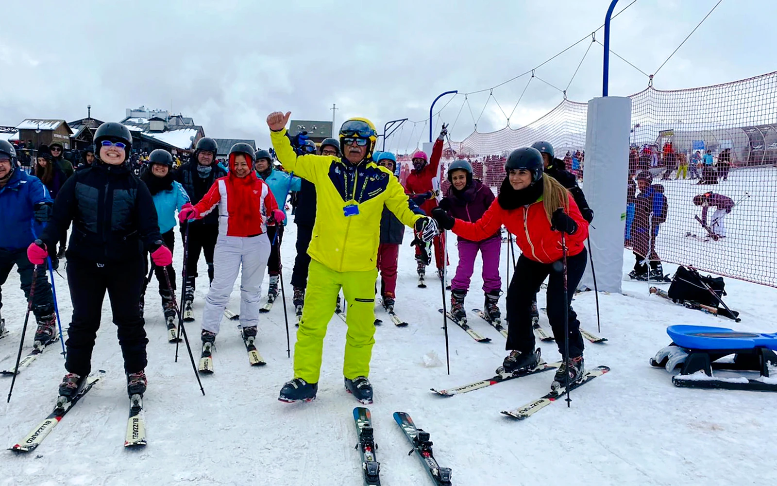 Group of skiers with instructor on Mount Erciyes ski tour, Cappadocia.