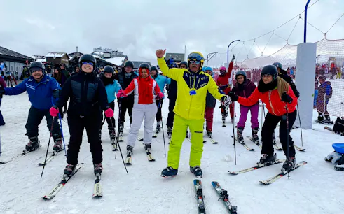 Group of skiers with instructor on Mount Erciyes ski tour, Cappadocia.