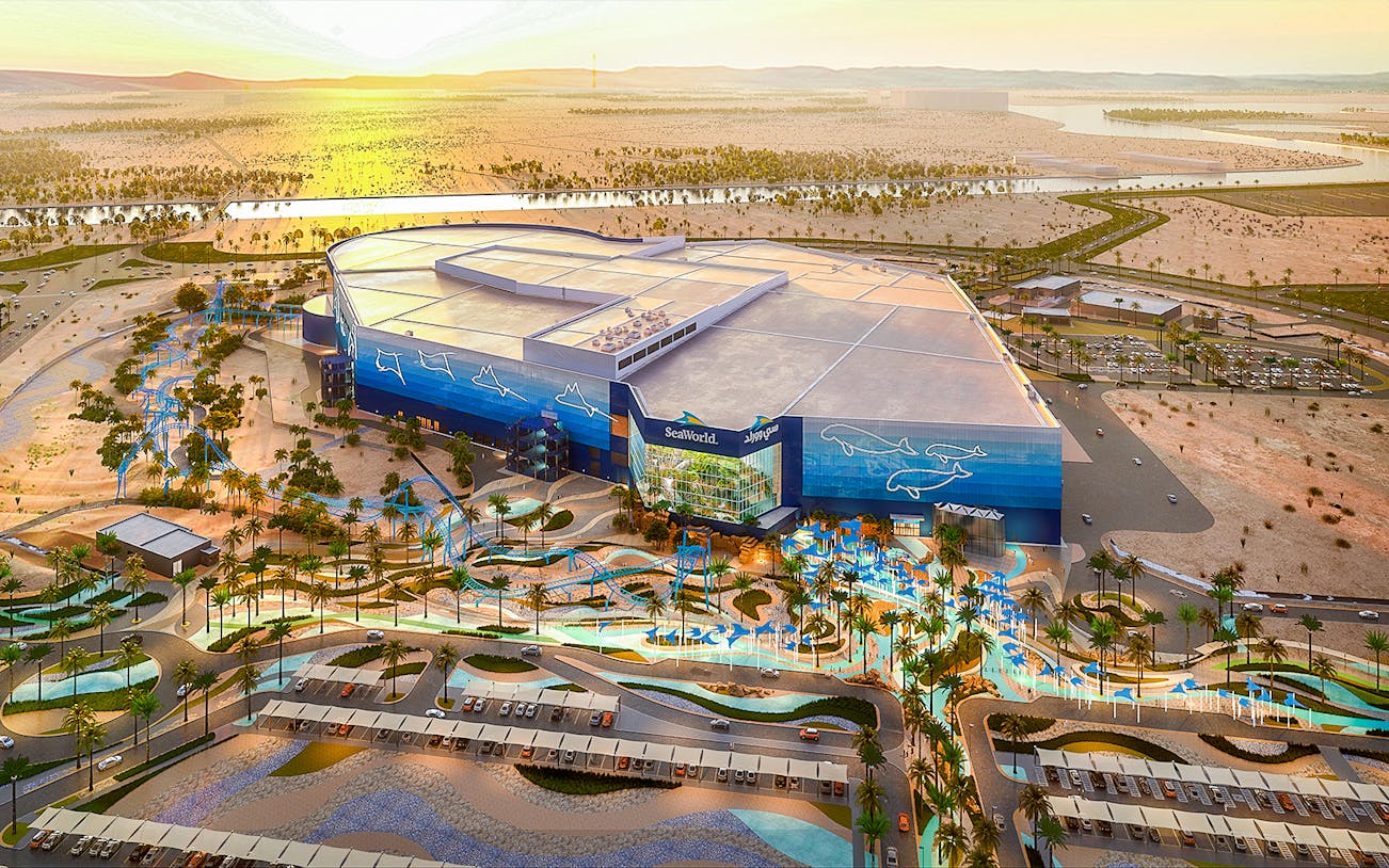Seaworld Abu Dhabi aerial view with surrounding desert landscape.