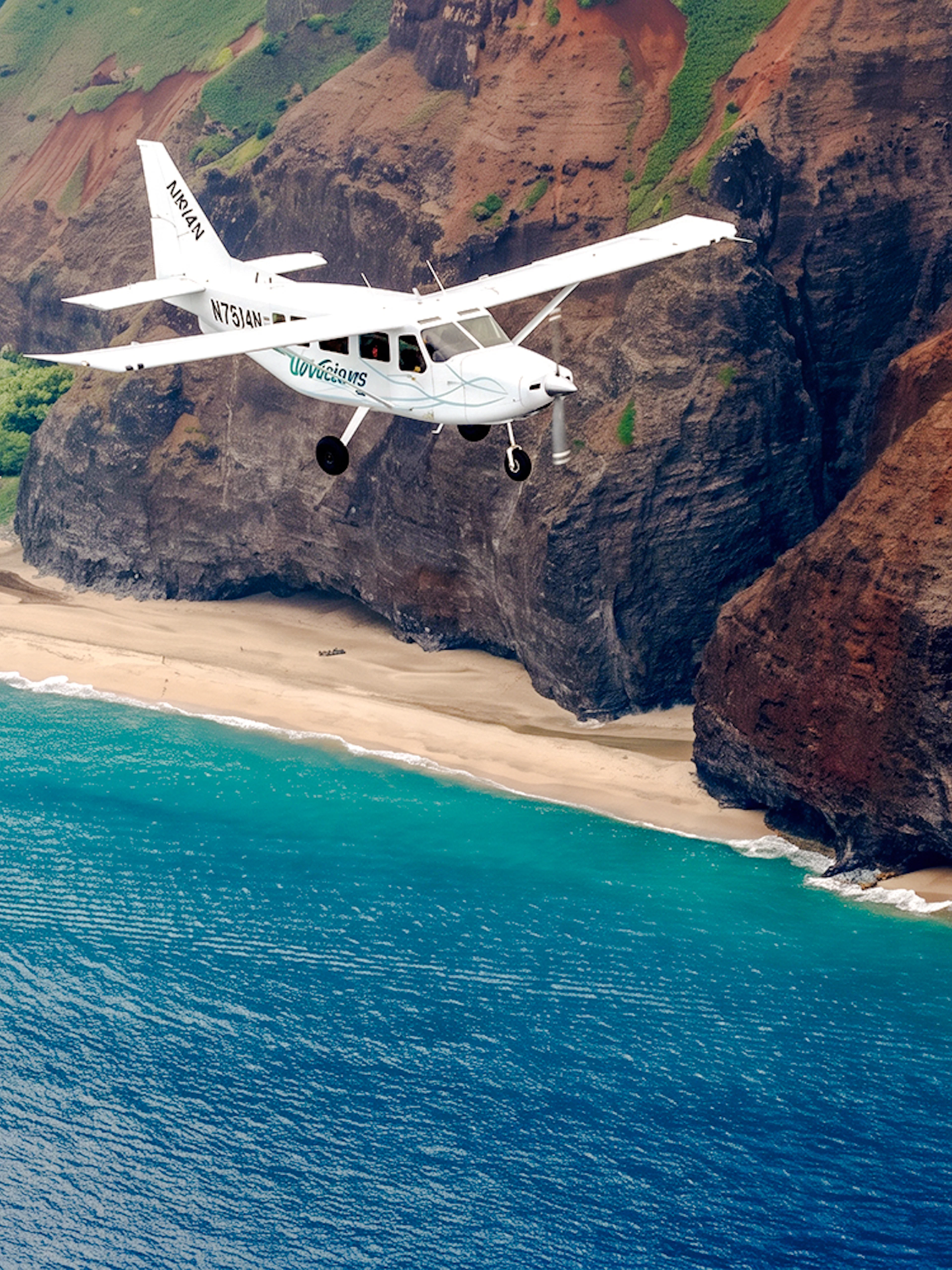 Small plane flying over Na Pali Coast, Kauai, showcasing cliffs and ocean during air tour.