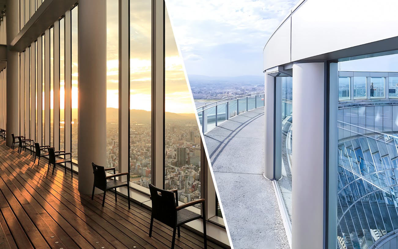 Harukas 300 Observatory interior and Umeda Sky Building rooftop view in Osaka, Japan.