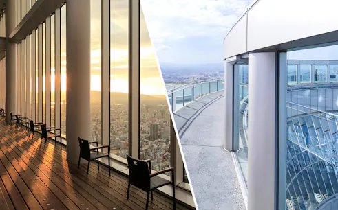 Harukas 300 Observatory interior and Umeda Sky Building rooftop view in Osaka, Japan.