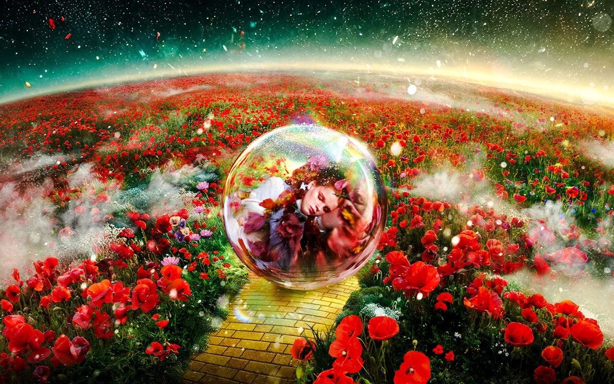 Yellow brick road through poppy field with a person in a bubble, Wizard of Oz at Sphere.