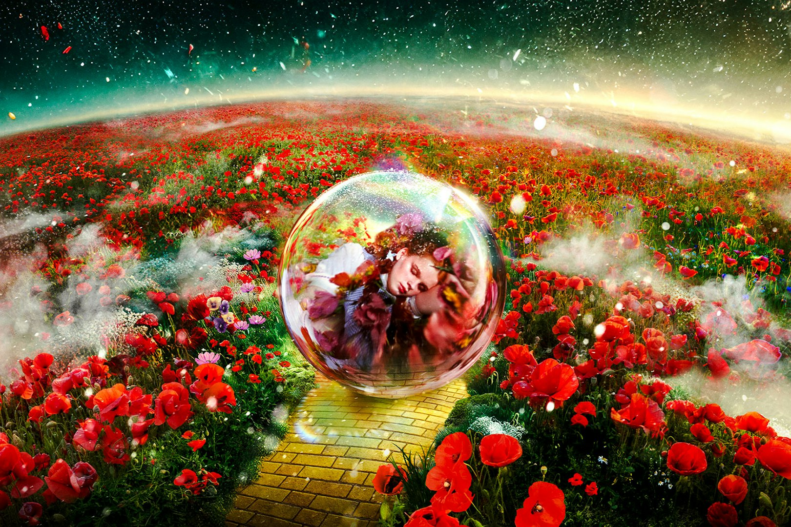 Yellow brick road through poppy field with a person in a bubble, Wizard of Oz at Sphere.