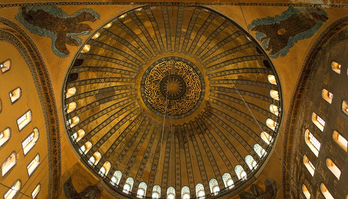 Hagia Sophia dome with gold-framed windows, Istanbul, Turkey.