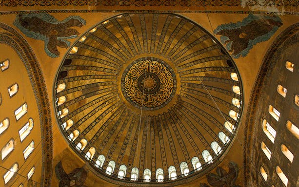 Hagia Sophia dome with gold-framed windows, Istanbul, Turkey.