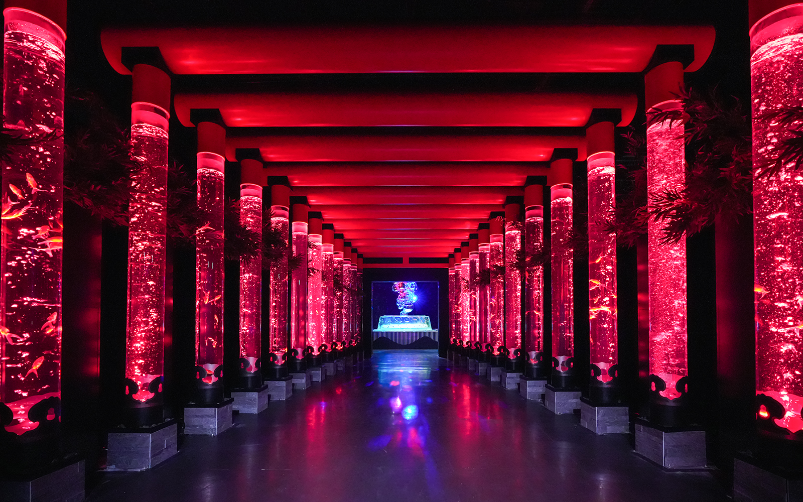 Illuminated red walkway with fish tanks at Art Aquarium Ginza.