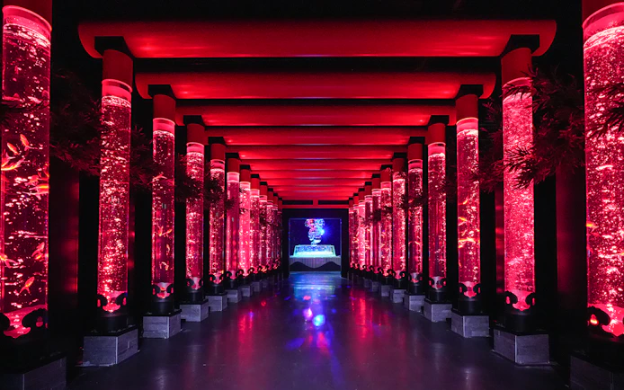 Illuminated red walkway with fish tanks at Art Aquarium Ginza.