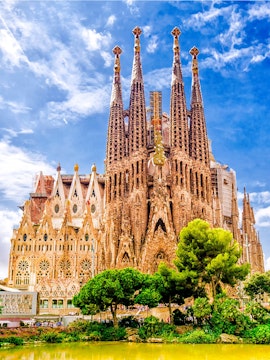 Sagrada Familia basilica with intricate spires in Barcelona, Spain.