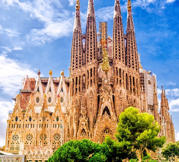 Sagrada Familia basilica with intricate spires in Barcelona, Spain.