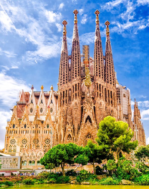 Sagrada Familia basilica with intricate spires in Barcelona, Spain.
