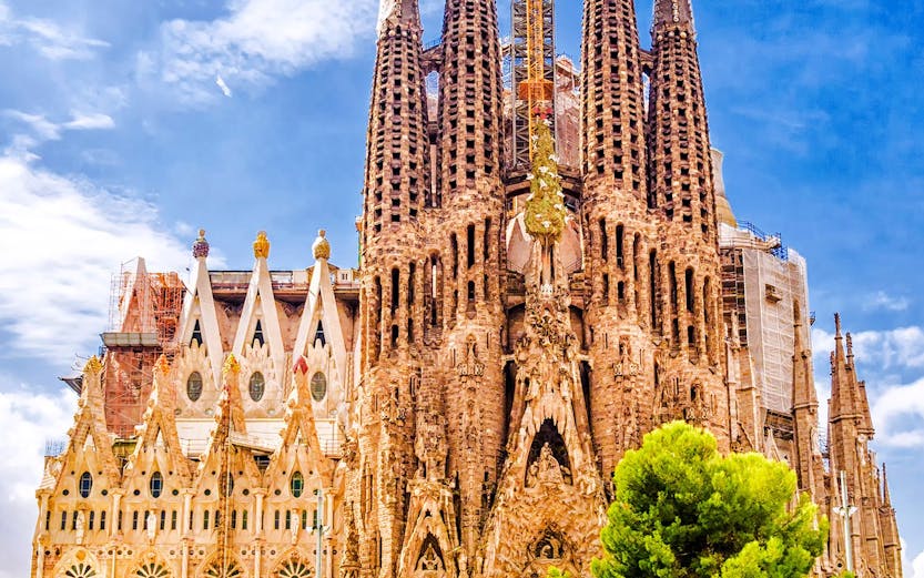 Sagrada Familia basilica with intricate spires in Barcelona, Spain.