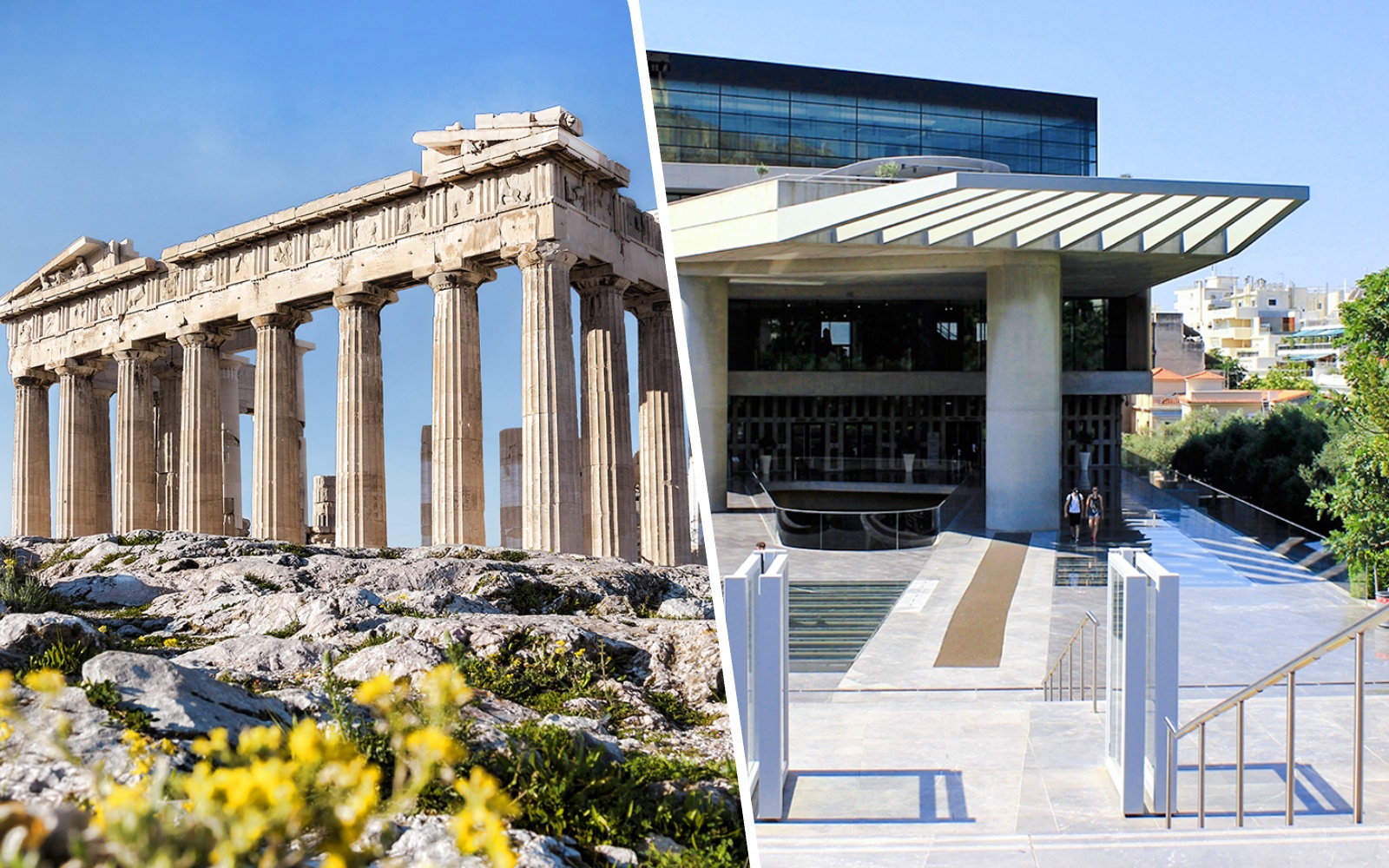 Acropolis and Acropolis Museum in Athens, Greece, showcasing ancient architecture and modern design.