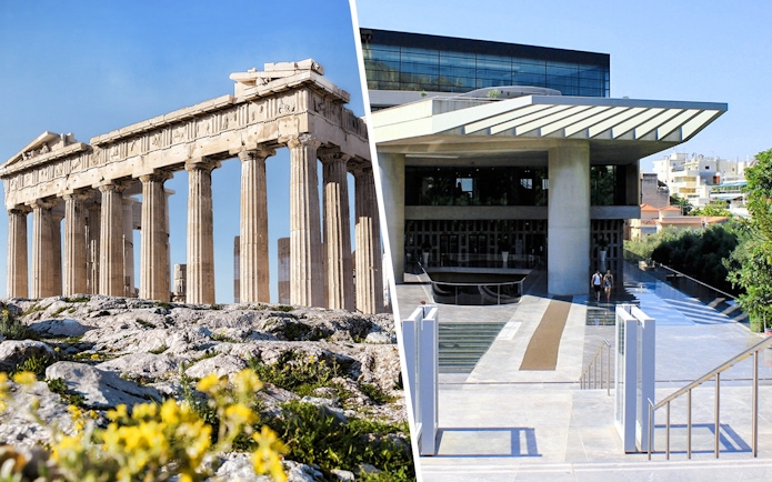 Acropolis and Acropolis Museum in Athens, Greece, showcasing ancient architecture and modern design.