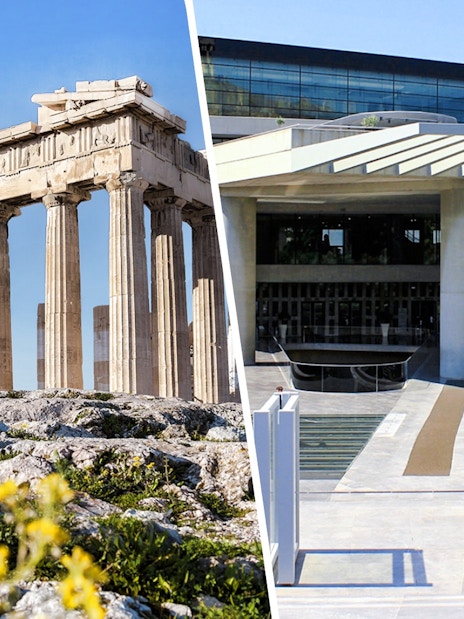 Acropolis and Acropolis Museum in Athens, Greece, showcasing ancient architecture and modern design.