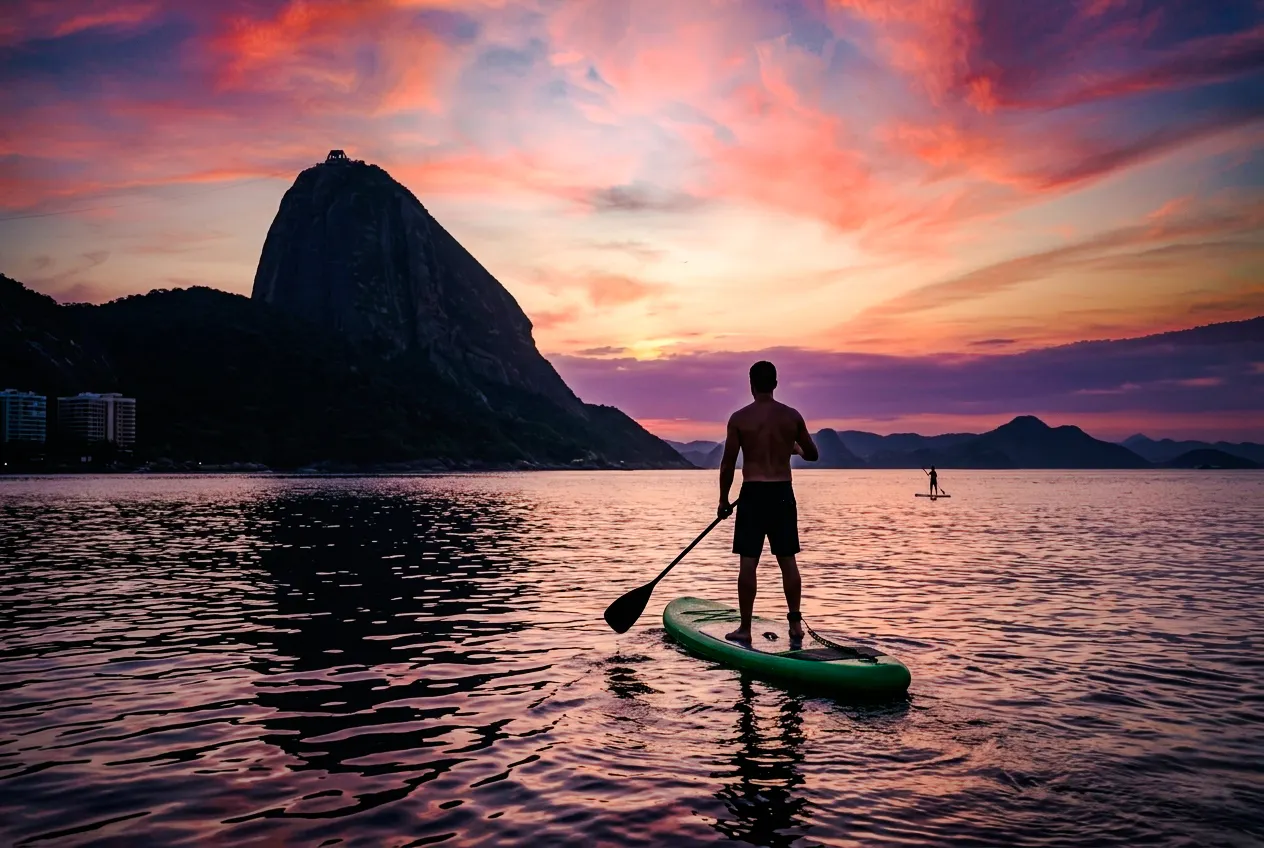 Person paddleboarding at sunrise near Sugarloaf Mountain, Rio de Janeiro.