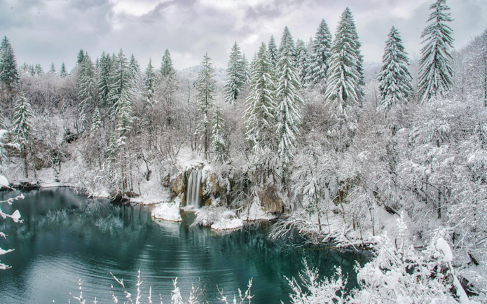 Snow-covered trees and a waterfall at Plitvice Lakes in winter, Croatia.