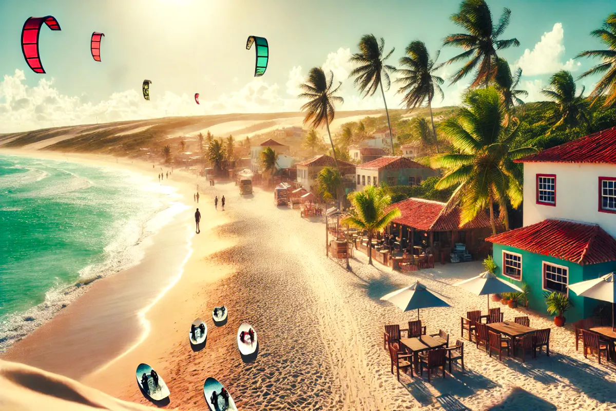Beachfront with water hammocks and kite surfers in Jericoacoara, Brazil.