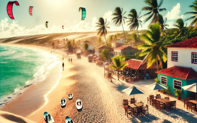 Beachfront with water hammocks and kite surfers in Jericoacoara, Brazil.