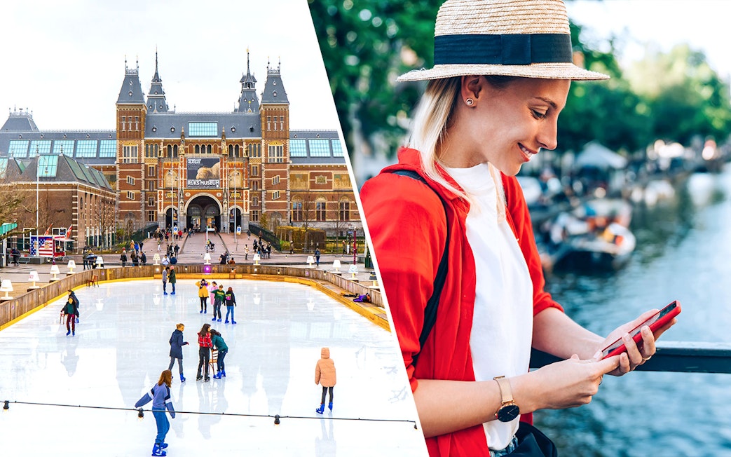Rijksmuseum ice rink and woman using smartphone by Amsterdam canal.